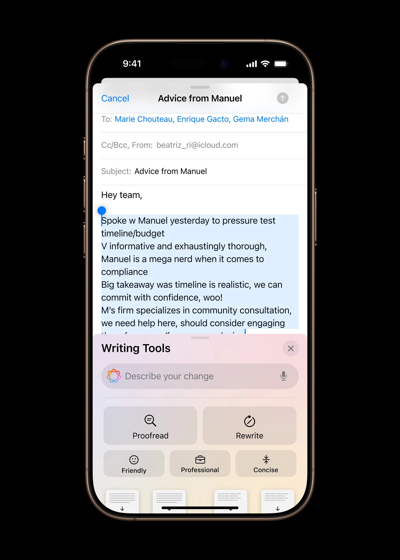 iPhone 16 Pro — AI Writing Tools